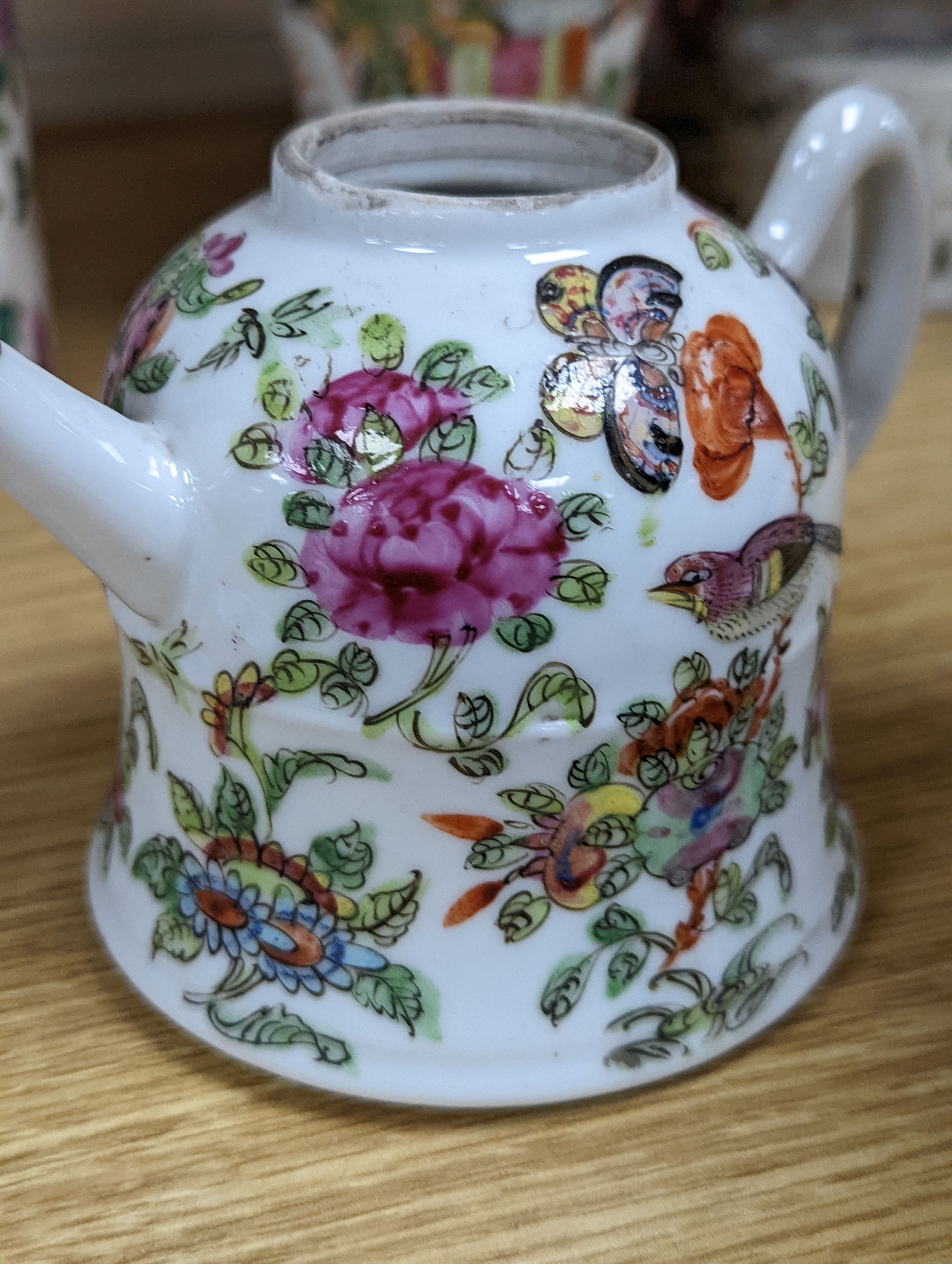 A group of Chinese famille rose vases and jars, a box and cover and a teapot, 19th/20th century, Pair of vases 13 cms high.